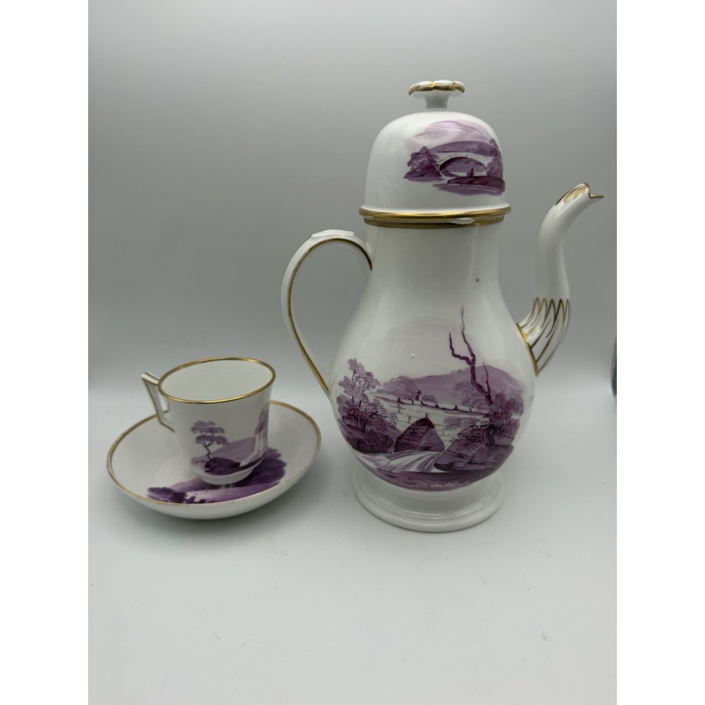 Antique Wedgwood John Cutts Pattern 701 Coffee Set Puce Landscape 1812-1822